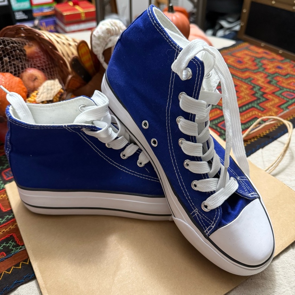 Blue and White Platform High-Top Sneakers